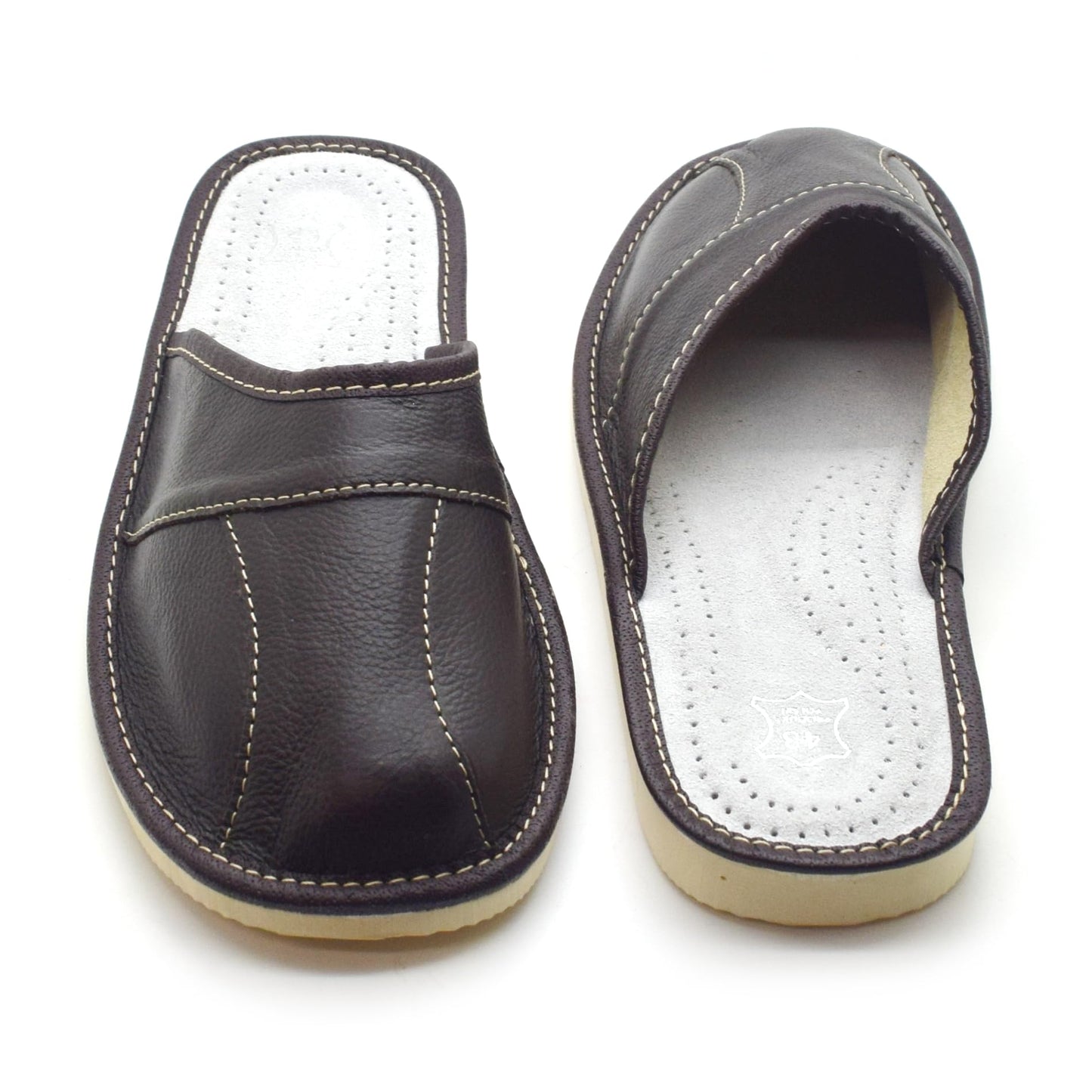 Men's Natural Leather Slippers Shoes, Closed Toe Comfortable Slip-On Sandals Mules for Gents (Dark Brown, Size: 9.5 UK / 44 EU)
