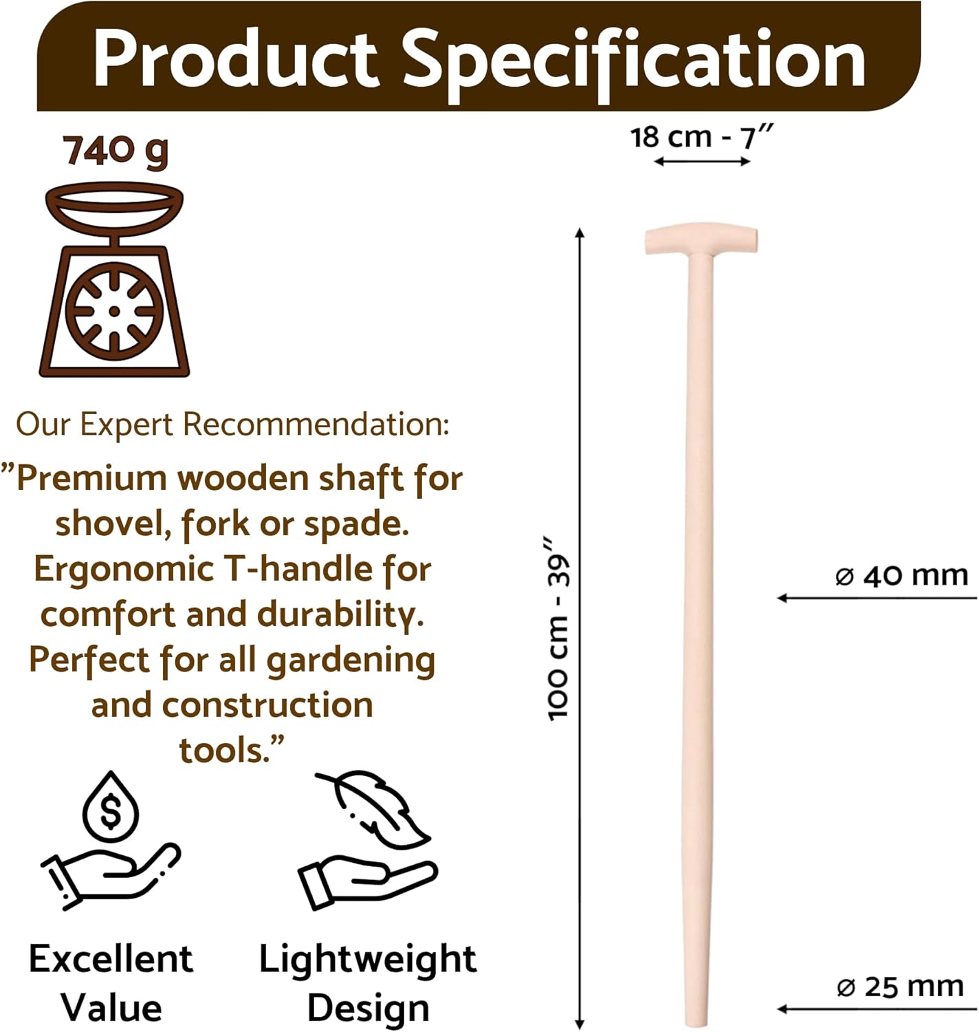 T Type Shaft Handle to suit Shovel, Spade or Fork (100 cm / 39 in Long) Replacement Spare Part