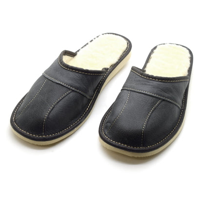 Men's Natural Leather Slippers with Warm and Cosy Fur Lining, Comfort Winter Slip On Mules (Graphite Grey, Size: 10.5 UK / 45 EU)
