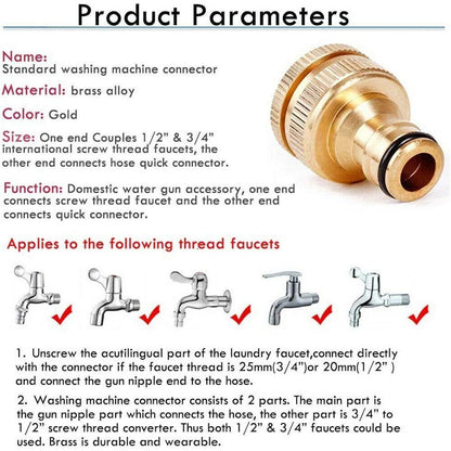Brass Hose Quick Connector 1/2" to 3/4" Threaded Garden Hose Fitting Tap Adaptor