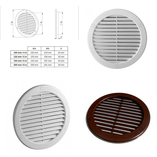 125 mm / 5 in Brown Round Air Vent Grille Duct Cover with Fly Screen, Flange and Screw Covers