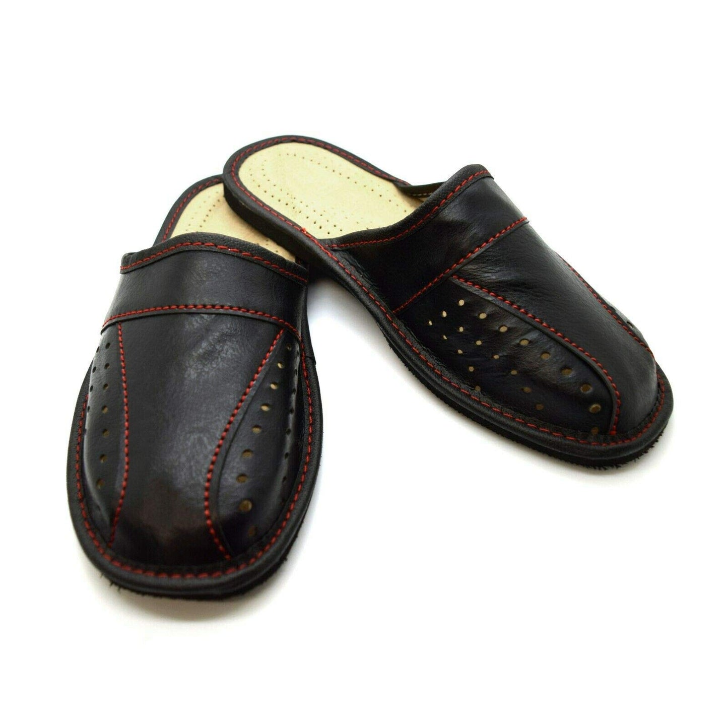 Men's Leather Slippers Shoes Comfort Sandals Slip On Mules Black (Size UK 12)