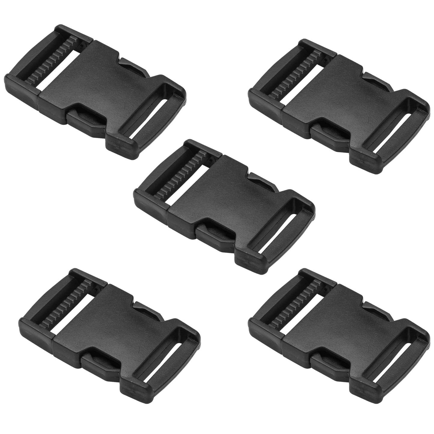 Side Release Buckles Clips for 40 mm / 1.5 inch Webbing Strap, Squeeze Fasteners, Black Delrin Plastic (Pack of 5)