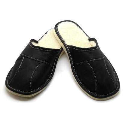 Men's Natural Leather Slippers with Warm and Cosy Fur Lining, Comfort Winter Slip On Mules (Black, Size: 9 UK / 43 EU)