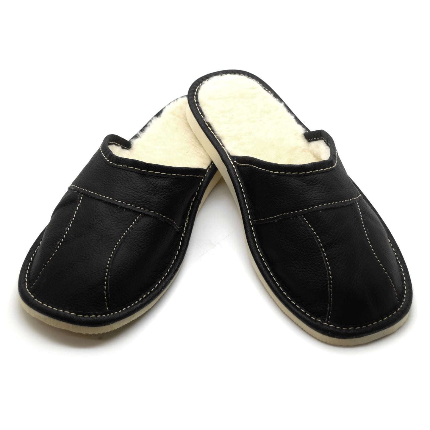 Men's Natural Leather Slippers with Warm and Cosy Fur Lining, Comfort Winter Slip On Mules (Black, Size: 8 UK / 42 EU)