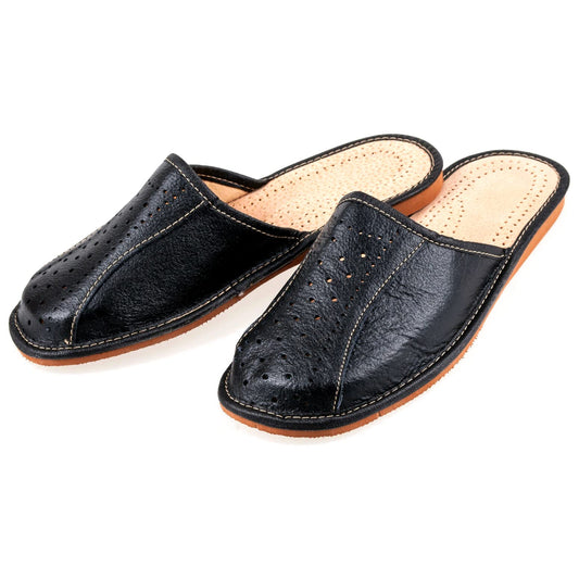 Men's Handmade Leather Slippers 100% Natural Leather (Size UK 9 / EU 43) Black