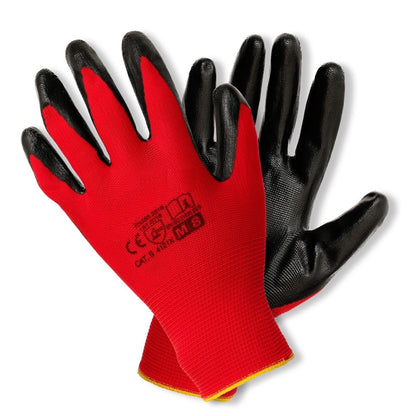 12 Pairs of Work Gloves, Heavy-Duty Nitrile Coated Protective Gloves, Secure & Anti-Slip Grip, Wear Resistant (Red, Large)