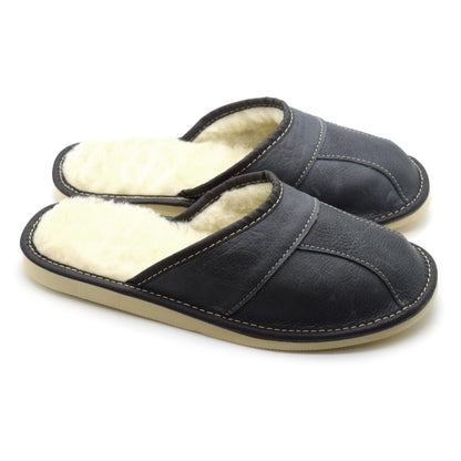 Men's Natural Leather Slippers with Warm and Cosy Fur Lining, Comfort Winter Slip On Mules (Graphite Grey, Size: 9.5 UK / 44 EU)