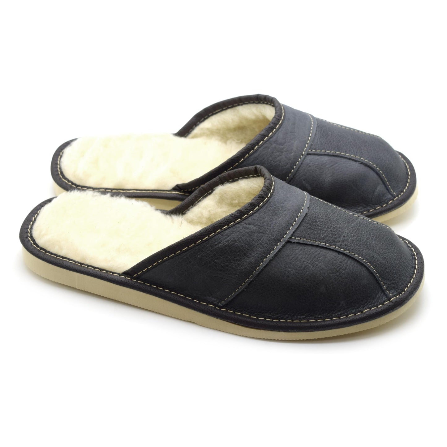 Men's Natural Leather Slippers with Warm and Cosy Fur Lining, Comfort Winter Slip On Mules (Graphite Grey, Size: 10.5 UK / 45 EU)
