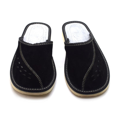 Men's Natural Suede Leather Slippers Shoes, Comfortable Slip-On Mules for Gents (Black, Size: 10.5 UK / 45 EU)