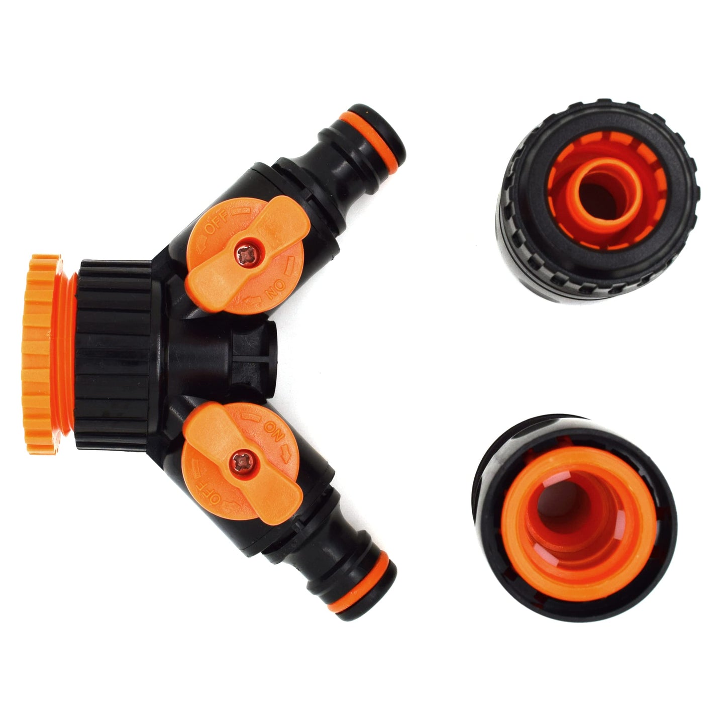 2 Way Garden Tap Connector, Garden Hose Tap Y Splitter Connector with Individual On/Off Valves & 2 Matching Quick Hose Connectors