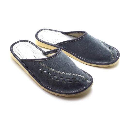 Men's Natural Suede Leather Slippers Shoes, Comfortable Slip-On Mules for Gents (Grey, Size: 9 UK / 43 EU)