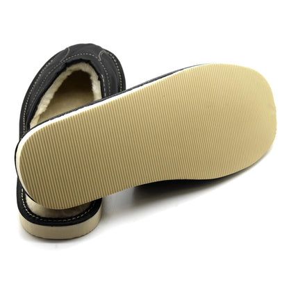 Men's Natural Leather Slippers with Warm and Cosy Fur Lining, Comfort Winter Slip On Mules (Black, Size: 6 UK / 40 EU)