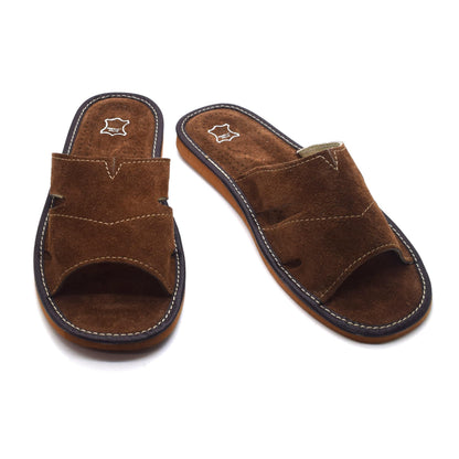 Men's Natural Suede Leather Slippers Shoes, Open Toe Comfortable Slip-On Sandals Mules for Gents (Brown, Size: 11 UK / 46 EU)