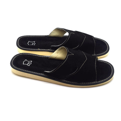 Men's Natural Suede Leather Slippers Shoes, Open Toe Comfortable Slip-On Sandals Mules for Gents (Black, Size: 6 UK / 40 EU)