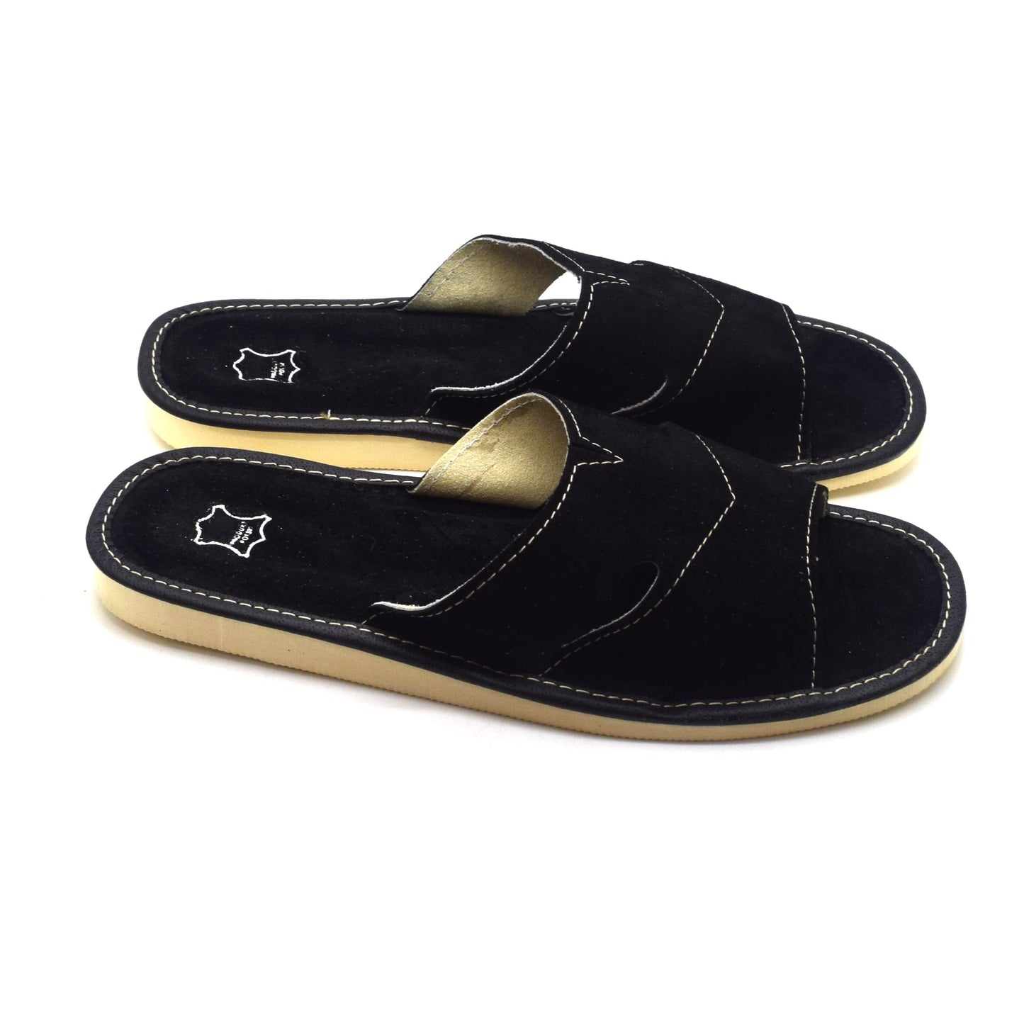 Men's Natural Suede Leather Slippers Shoes, Open Toe Comfortable Slip-On Sandals Mules for Gents (Black, Size: 9.5 UK / 44 EU)