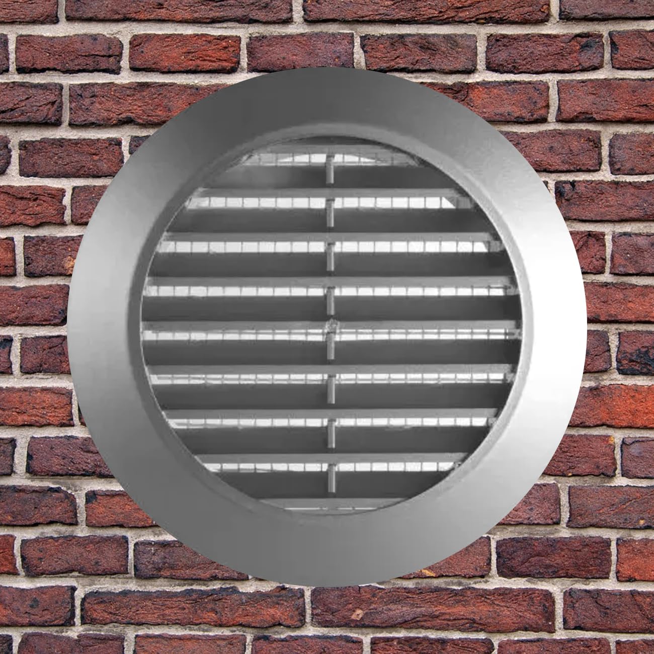 Silver Louvred Wall Vent Grille with Flyscreen for 125 mm / 5" Round Wall Outlet - Air Ventilation Duct Cover with Flange