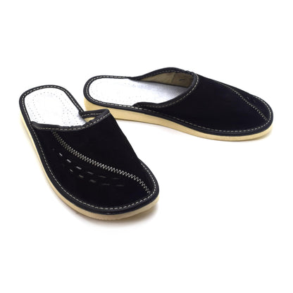 Men's Natural Suede Leather Slippers Shoes, Comfortable Slip-On Mules for Gents (Black, Size: 11 UK / 46 EU)