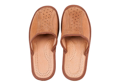 Men's Natural Leather Slippers Shoes, Closed Toe Comfortable Slip-On Sandals Mules for Gents (Light Brown, Size: 9 UK / 43 EU)