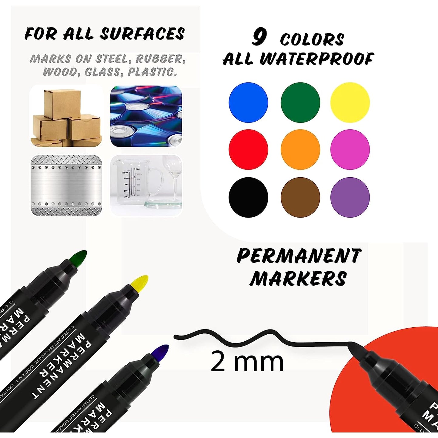 Set of 9 Permanent Marker Pens - Waterproof 2.0 mm Fibre Tip - Durable Writing Markers for Cardboard, Plastic, Metal, Glass, Wood