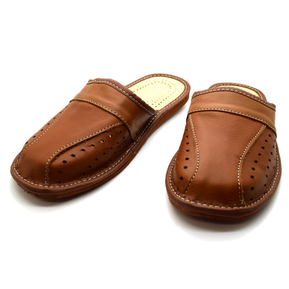 Men's Natural Leather Slippers Shoes, Closed Toe Comfortable Slip-On Sandals Mules for Gents (Brown, Size: 7 UK / 41 EU)