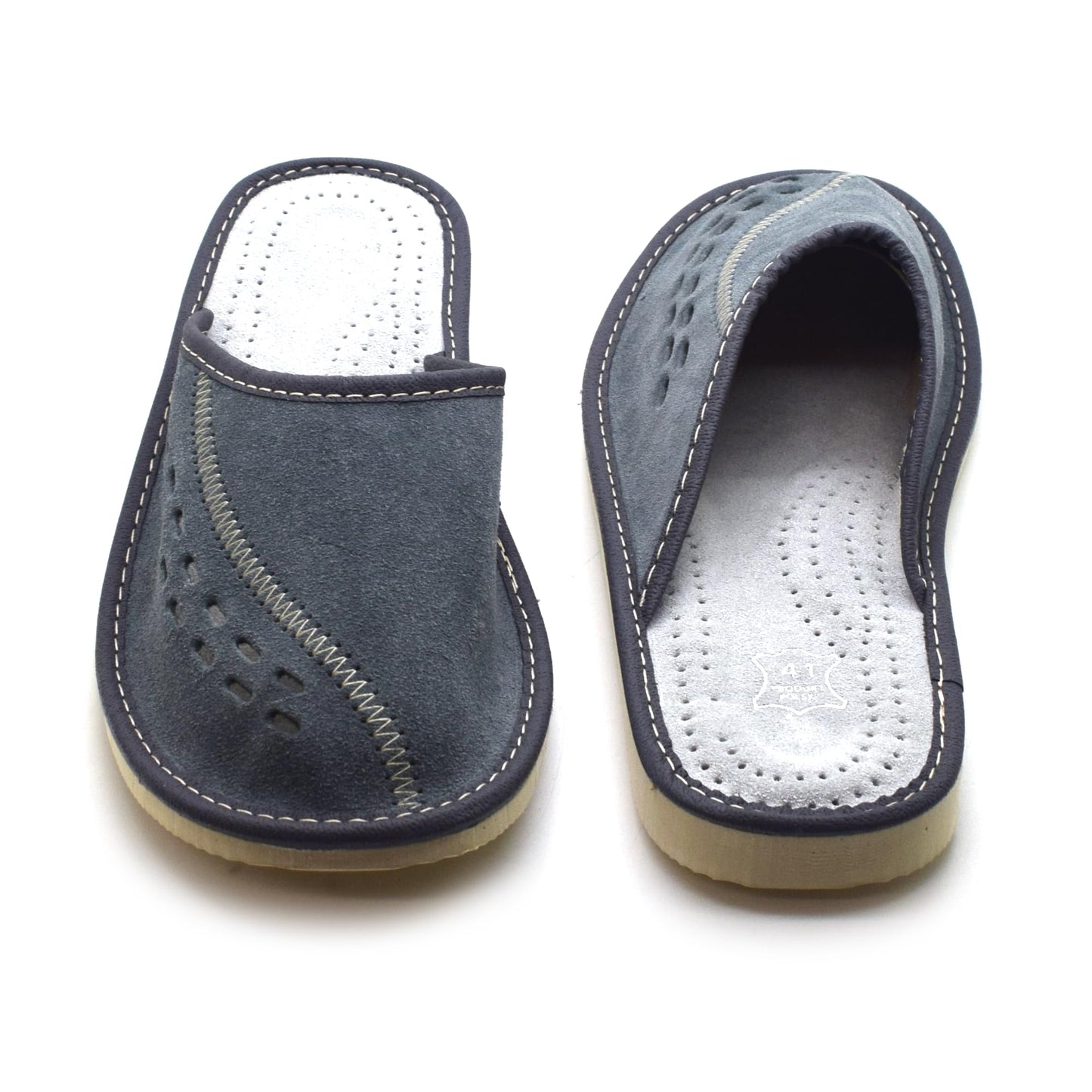 Men's Natural Suede Leather Slippers Shoes, Comfortable Slip-On Mules for Gents (Grey, Size: 8 UK / 42 EU)