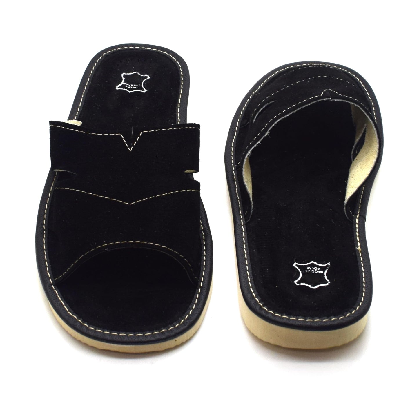 Men's Natural Suede Leather Slippers Shoes, Open Toe Comfortable Slip-On Sandals Mules for Gents (Black, Size: 7 UK / 41 EU)
