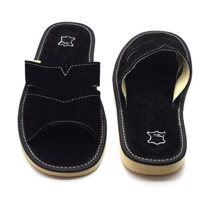 Men's Natural Suede Leather Slippers Shoes, Open Toe Comfortable Slip-On Sandals Mules for Gents (Black, Size: 9 UK / 43 EU)