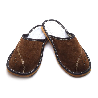Men's Natural Suede Leather Slippers Shoes, Comfortable Slip-On Mules for Gents (Brown, Size: 8 UK / 42 EU)