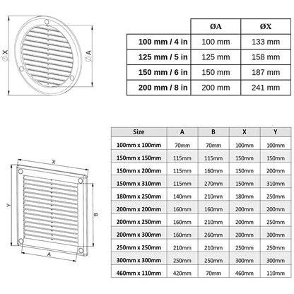 Brown Louvred Wall Vent Grille with Flyscreen and Screw Covers, 125 mm / 5 in, Air Ventilation Duct Cover with Flat Back