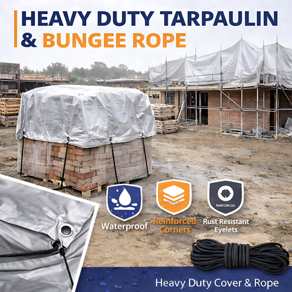Heavy Duty Silver Tarpaulin 2 x 3 m 260 GSM Waterproof Weather Resistant Poly Tarp, Reinforced Edges & Eyelets, 10m Bungee