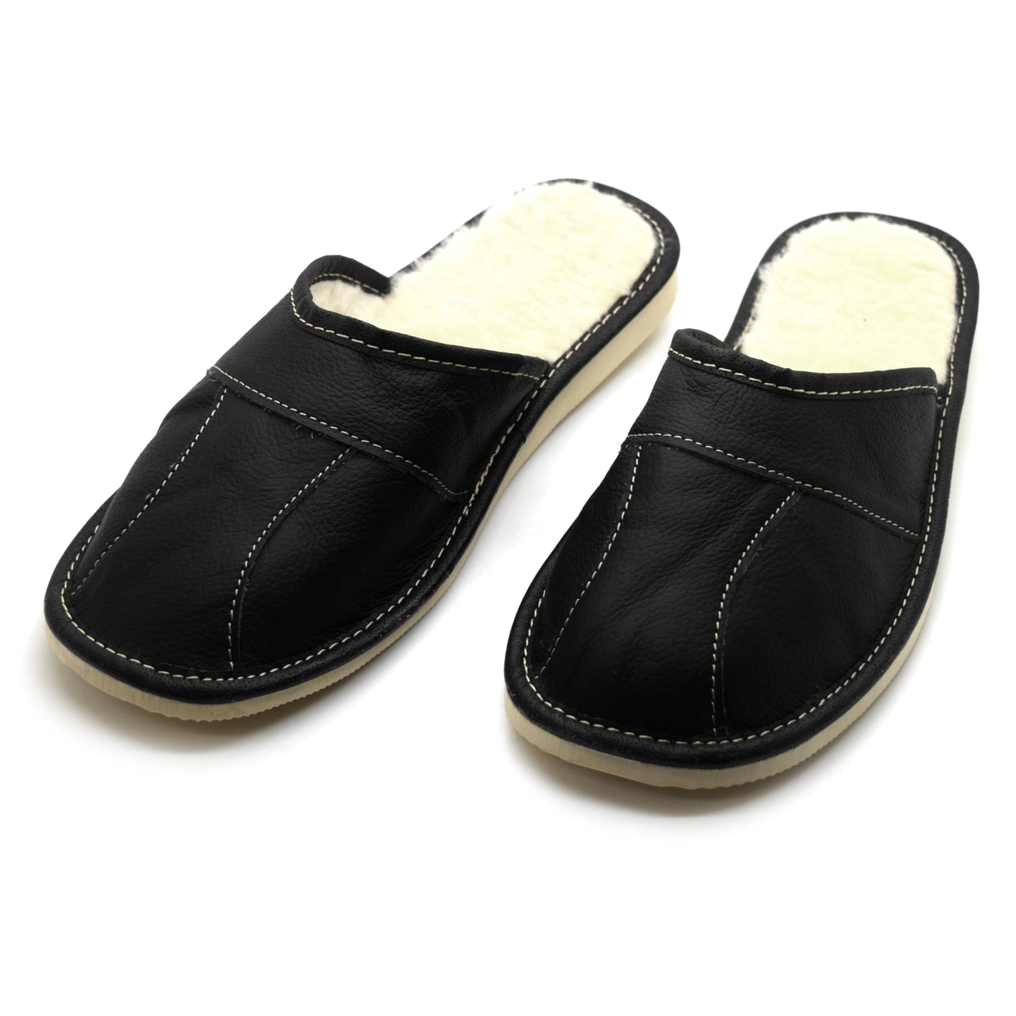 Men's Natural Leather Slippers with Warm and Cosy Fur Lining, Comfort Winter Slip On Mules (Black, Size: 7 UK / 41 EU)