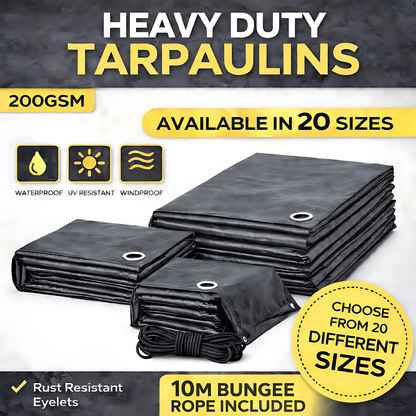 Graphite Grey Heavy Duty Tarpaulin 6 x 6 m 200 GSM Waterproof UV Resistant Poly Tarp, Eyelets, Reinforced Rope Edge, 10m Bungee