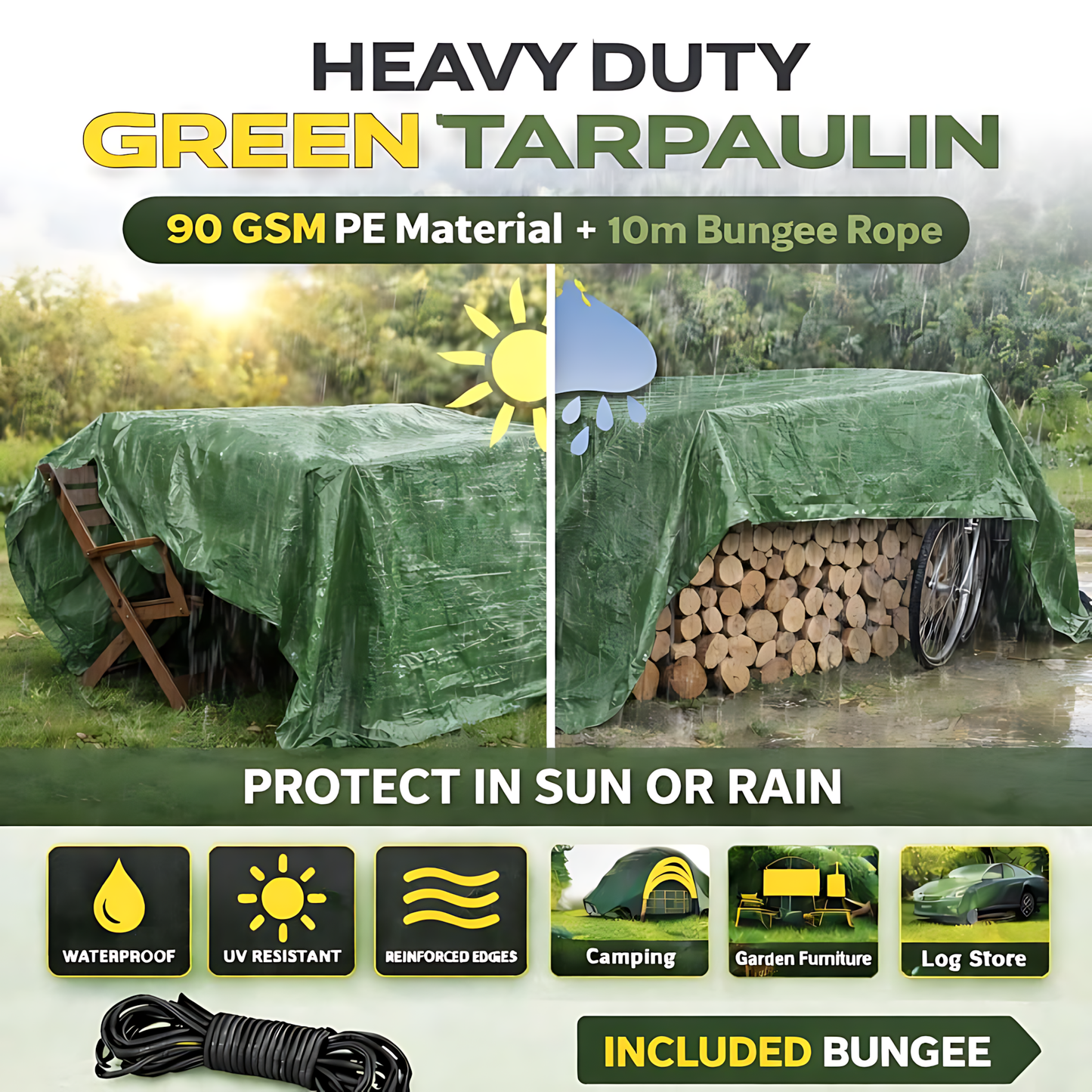 Green Tarpaulin 4 x 4 m 90 GSM Waterproof UV Resistant PE Tarp Sheet, Aluminium Eyelets, Reinforced Edges, 10m Bungee