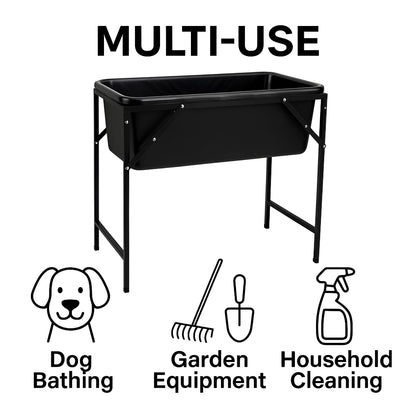 Dog Bath Tub 90L with Metal Stand and Drain Plug - Large Plastic Pet Bath Container with Foldable Raised Frame and Valve