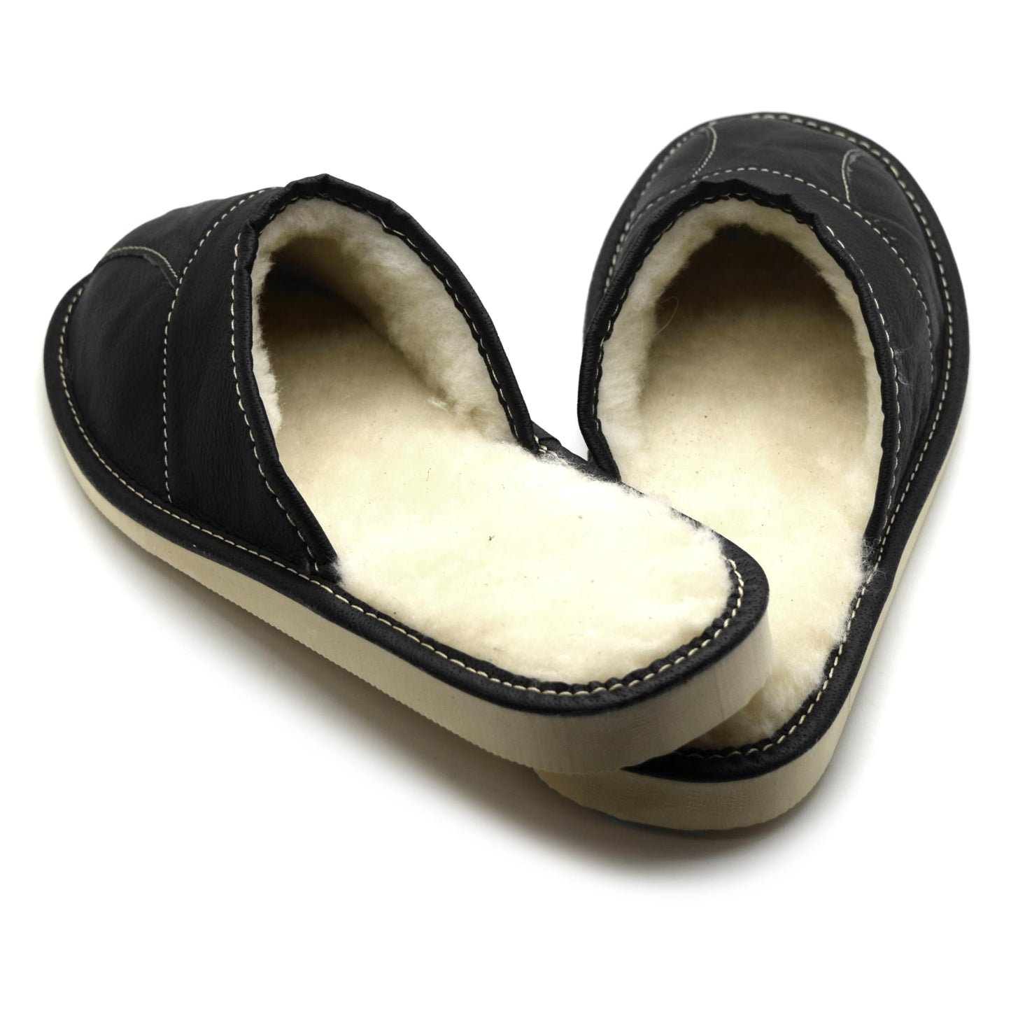 Men's Natural Leather Slippers with Warm and Cosy Fur Lining, Comfort Winter Slip On Mules (Black, Size: 10.5 UK / 45 EU)