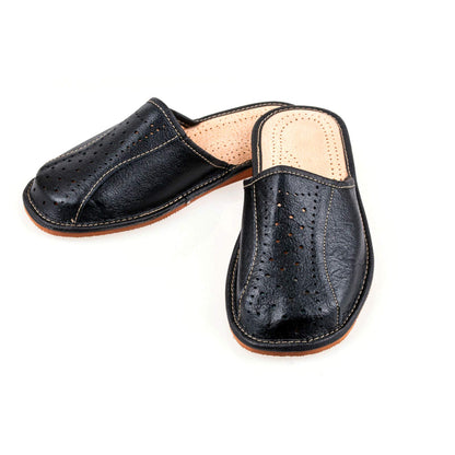Men's Handmade Leather Slippers 100% Natural Leather (Size UK 12 / EU 46) Black