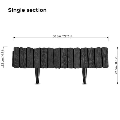 Black Lawn Edging Border - 2.26 m / 7.4 ft Long Garden Palisade with Wood Bark Effect - Fencing with Ground Stakes
