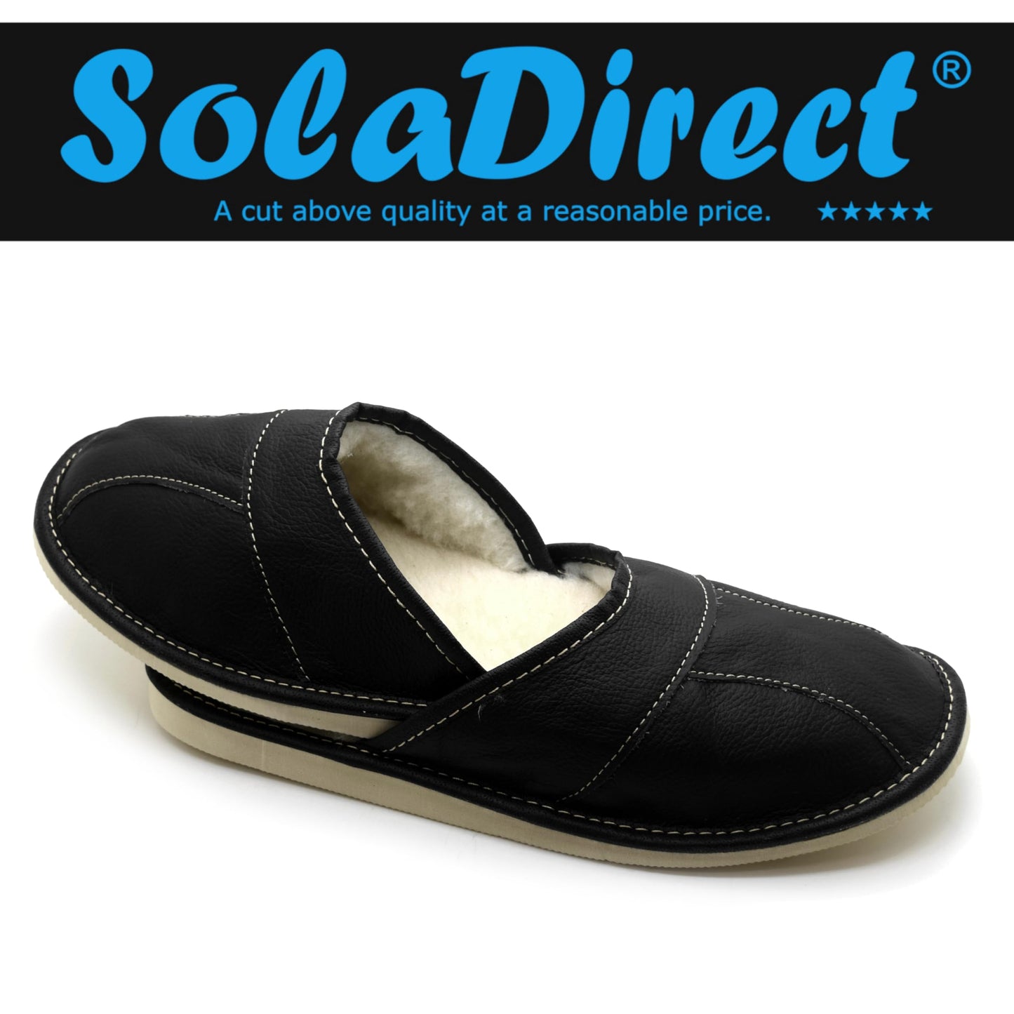 Men's Natural Leather Slippers with Warm and Cosy Fur Lining, Comfort Winter Slip On Mules (Black, Size: 10.5 UK / 45 EU)