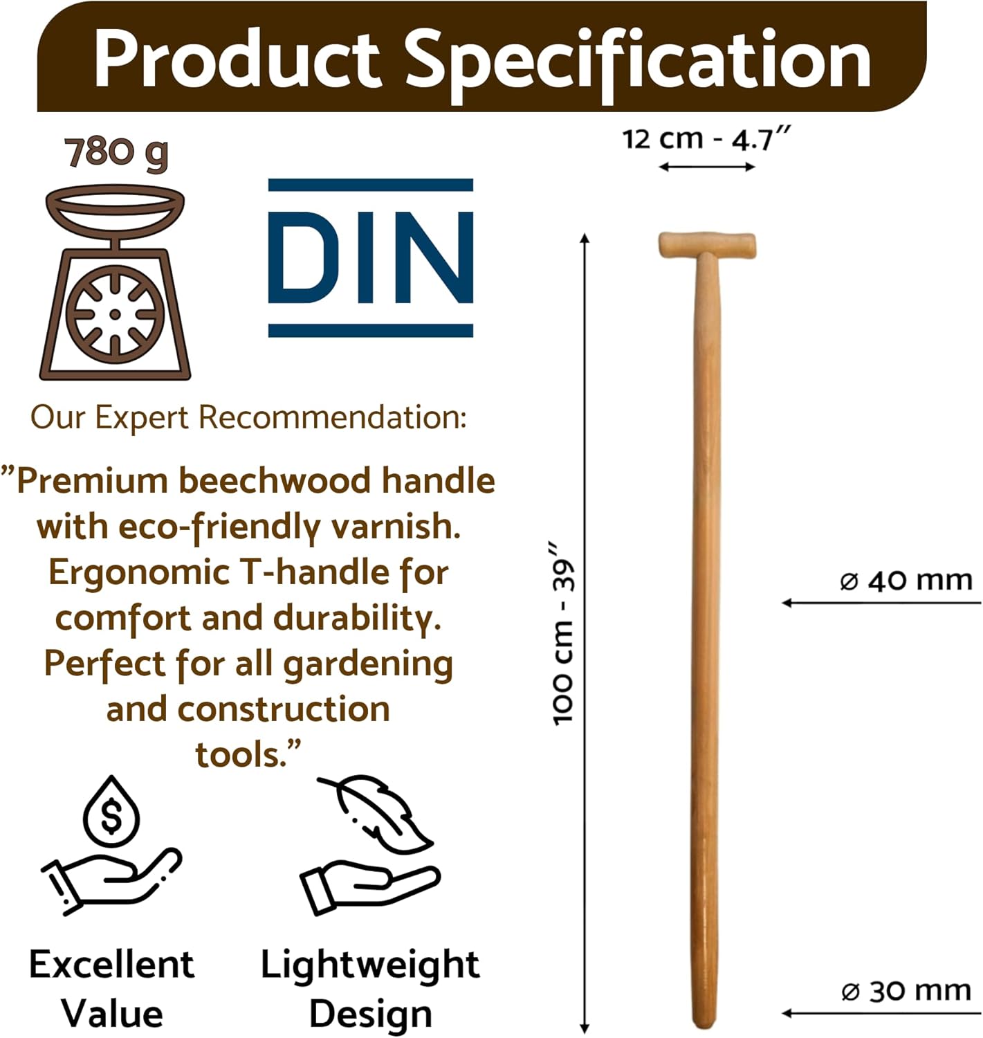 Premium Lacquered Shovel Handle - 100 cm / 39 inch Beechwood Shaft with Ergonomic T-Handle, Varnished for Moisture Protection