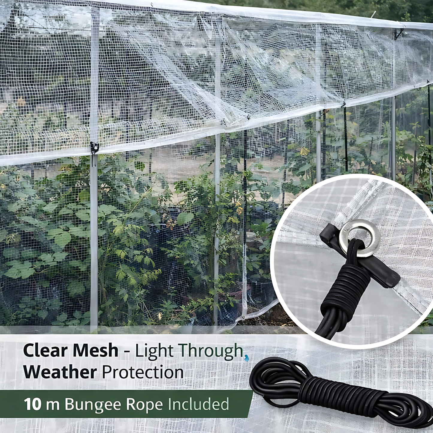 Clear Mesh Tarpaulin 10 x 10 m 100 GSM Waterproof Transparent UV Resistant Poly Mesh Cover, Aluminium Eyelets, 10m Bungee