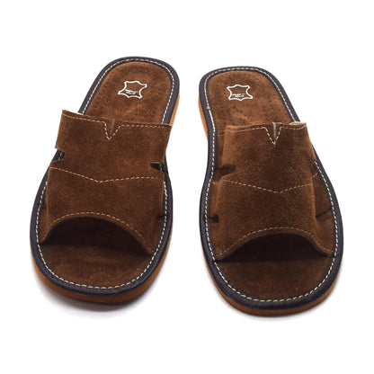 Men's Natural Suede Leather Slippers Shoes, Open Toe Comfortable Slip-On Sandals Mules for Gents (Brown, Size: 6 UK / 40 EU)