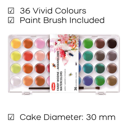 Watercolour Paint Set, 36 Vivid Colours in Case, Paintbrush Included, Ideal Watercolour Set for Artists, Amateur Hobbyists