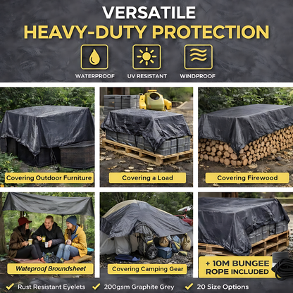 Graphite Grey Heavy Duty Tarpaulin 4 x 4 m 200 GSM Waterproof UV Resistant Poly Tarp, Eyelets, Reinforced Rope Edge, 10m Bungee