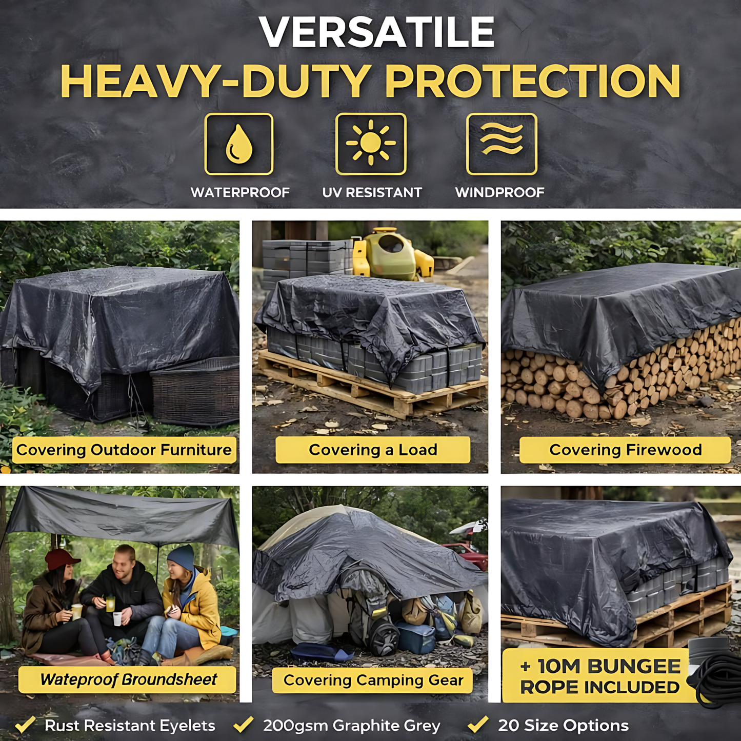 Graphite Grey Heavy Duty Tarpaulin 10 x 12 m 200 GSM Waterproof UV Resistant Poly Tarp, Eyelets, Reinforced Rope Edge, 10m Bungee