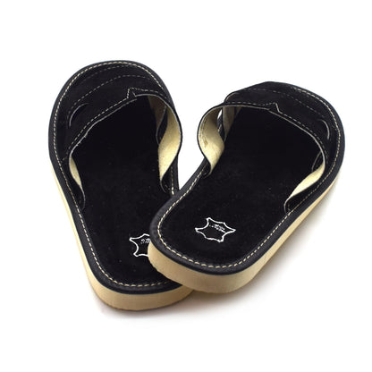 Men's Natural Suede Leather Slippers Shoes, Open Toe Comfortable Slip-On Sandals Mules for Gents (Black, Size: 8 UK / 42 EU)