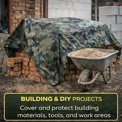 Camouflage Tarpaulin 3 x 3 m 85 GSM Waterproof UV Resistant PE Tarp Sheet, Aluminium Eyelets, Reinforced Edges, 10m Bungee