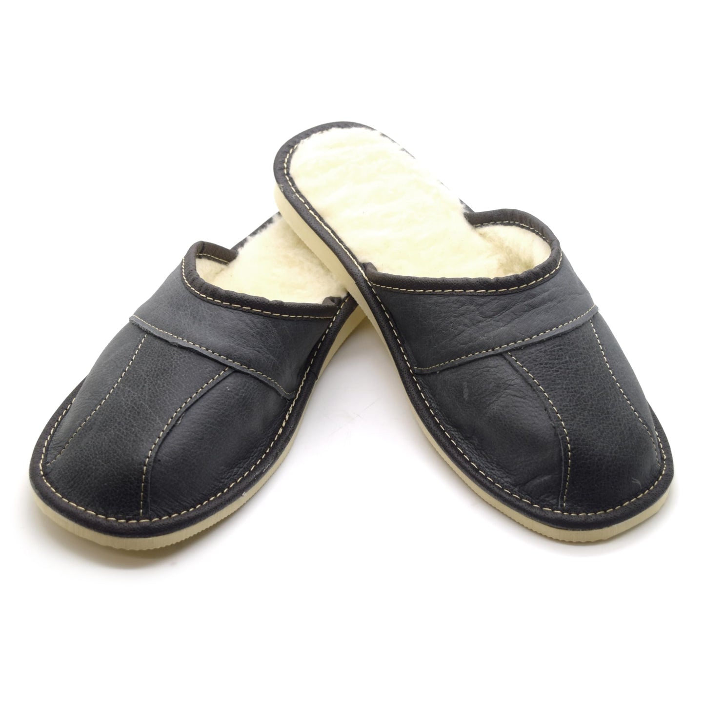 Men's Natural Leather Slippers with Warm and Cosy Fur Lining, Comfort Winter Slip On Mules (Graphite Grey, Size: 10.5 UK / 45 EU)