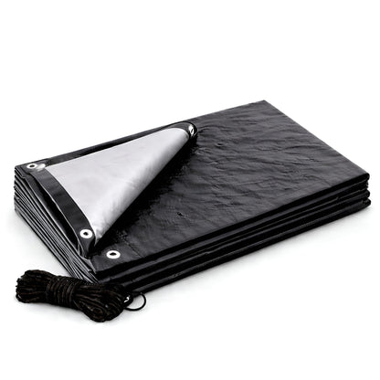 Heavy Duty Black Tarpaulin 4 x 4 m 235 GSM Waterproof UV Resistant Poly Tarp Sheet, Reinforced Edges & Eyelets, 10m Bungee