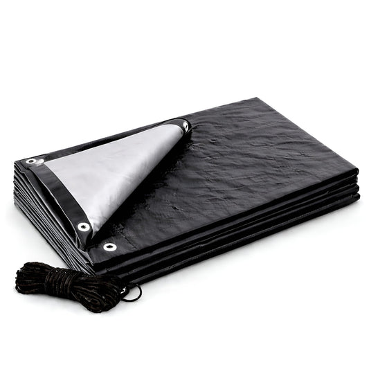 Heavy Duty Black Tarpaulin 3 x 5 m 235 GSM Waterproof UV Resistant Poly Tarp Sheet, Reinforced Edges & Eyelets, 10m Bungee